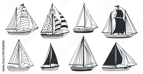 A collection of eight sailboats in black and white outline vector style, suitable for nautical-themed designs and illustrations