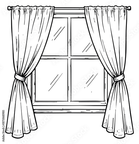 Hand drawn line art illustration of a window with tied back curtains for home decor
