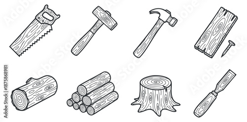 A collection of woodworking tools and logs including a saw, hammer, and stump in outline minimalist vector style, suitable for carpentry and craft projects
