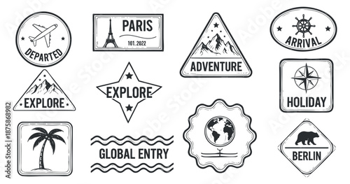 A collection of travel-themed vector icons including stamps and stickers for Paris, Berlin, and adventure destinations in minimalist black and white style, perfect for travel blogs and brochures.