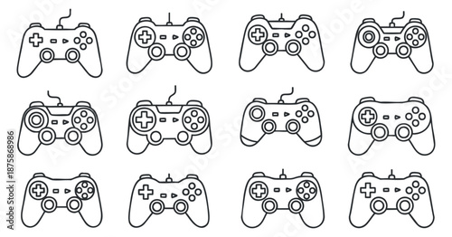 A collection of gaming controllers in minimalist black and white line art vector style, ideal for tech-related projects