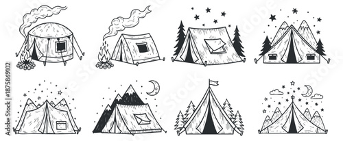 A collection of camping tents, mountains, and stars in black and white hand-drawn vector style, perfect for outdoor adventure themes