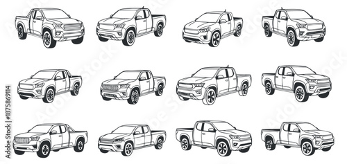 A collection of pickup truck illustrations in black and white outline vector style, suitable for automotive design and branding