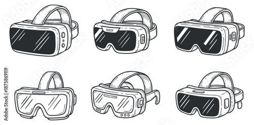 A set of six virtual reality goggles in black and white outline vector style, perfect for technology and gaming projects