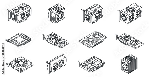 A set of various graphics cards and cooling systems in detailed outline vector style, perfect for technology and electronics design projects