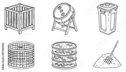 A collection of household storage items including bins, baskets, and containers in minimalist black and white outline vector style, suitable for organization and cleaning projects