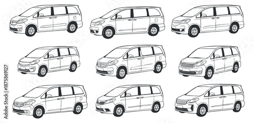 A set of eight outlined minivans in black and white vector style, ideal for automotive design and branding