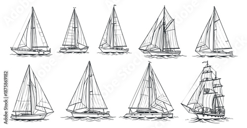 A collection of sailing ships and boats in black and white line art vector style, perfect for nautical-themed design projects