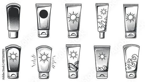 A set of sunscreen tubes with varying designs in black and white outline vector style, ideal for skincare branding and packaging