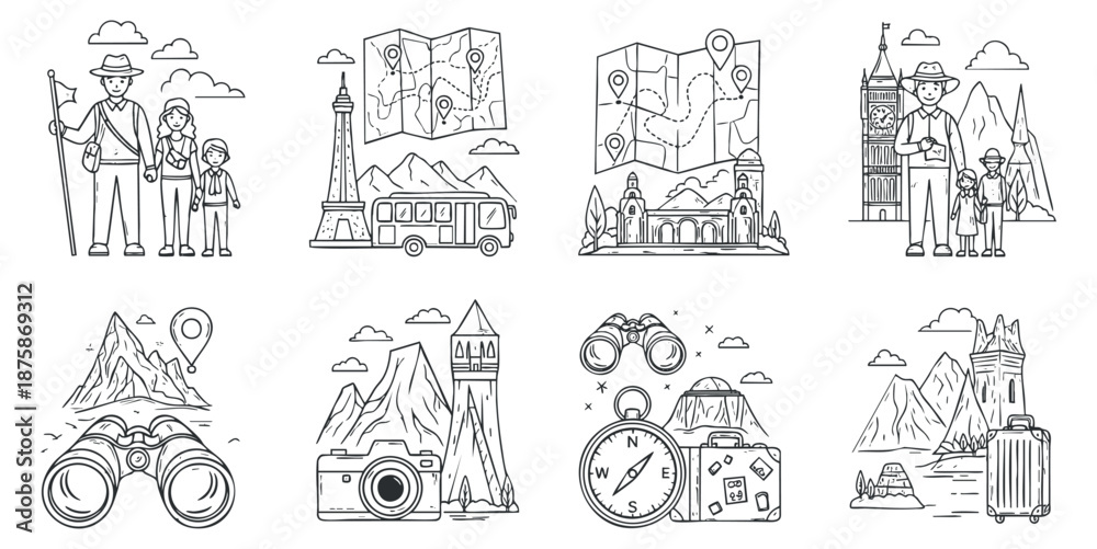 Naklejka premium A collection of travel-themed icons including mountains, binoculars, maps, and landmarks in black and white outline style, perfect for adventure and tourism projects