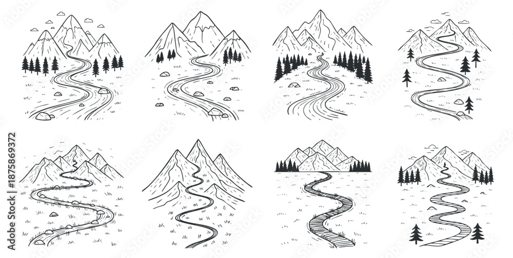 Fototapeta premium A collection of scenic mountain landscapes with winding roads in black and white line art style, ideal for travel and adventure designs