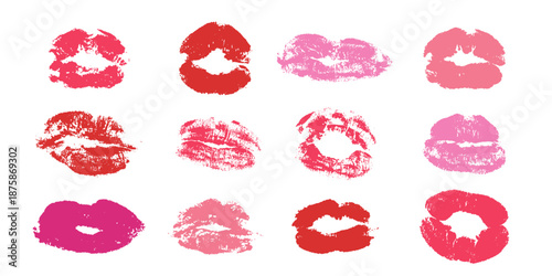 Collection of Red and Pink Lipstick Kiss Prints isolated on transparent background. Vector design element 