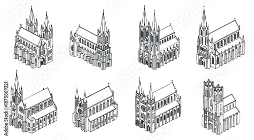 A collection of eight different church and cathedral buildings in detailed outline vector style, suitable for architectural design projects