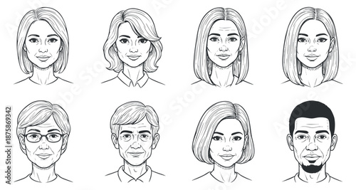 A collection of diverse character portraits in black and white line art style, suitable for illustration and design projects