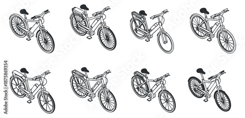 A collection of eight bicycle icons in black and white minimalist vector style, ideal for transportation and fitness-related projects