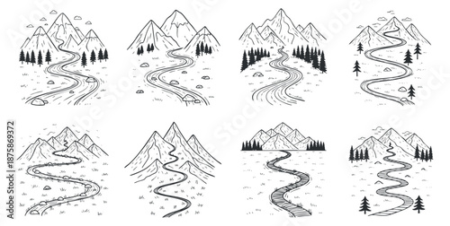 A collection of scenic mountain landscapes with winding roads in black and white line art style, ideal for travel and adventure designs