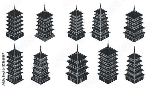 A set of detailed pagoda illustrations in black and white vector style, suitable for cultural and architectural designs