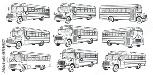 A collection of various school bus illustrations in clean outline vector style, ideal for educational materials and transportation design