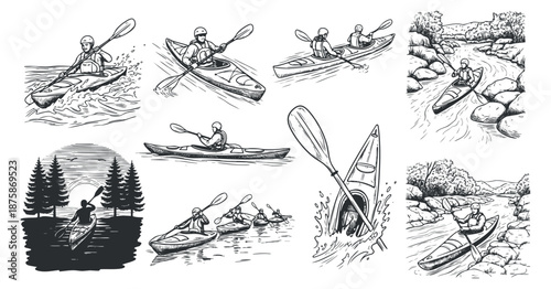A collection of kayak illustrations featuring various paddling scenes in black and white vector style, ideal for outdoor adventure themes