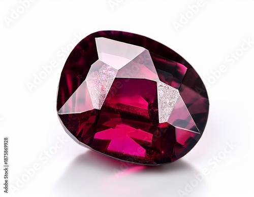 radiant rhodolite garnet gemstone on white background