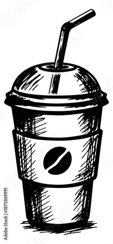 Hand drawn illustration of an iced coffee cup depicting a coffee bean logo and straw for cafe menus and beverage promotions
