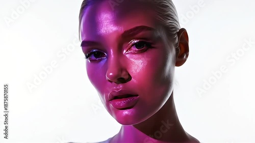 Cinematic portrait of a beautiful woman illuminated by vibrant blue and purple neon lights against a clean white background, showcasing futuristic fashion, smooth skin, and creative lighting.