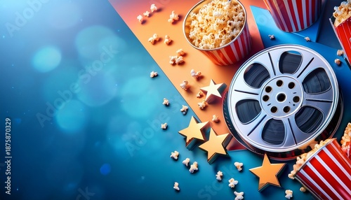 colorful cinema themed background with film reels popcorn and stars perfect for movie night invitations or promotional materials