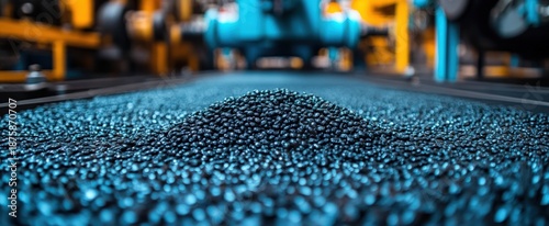 Small dark pellets forming a pile on an industrial conveyor belt, factory background