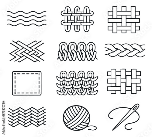 Hand drawn line art fabric patterns set featuring knitting, weaving, and sewing elements for textile design