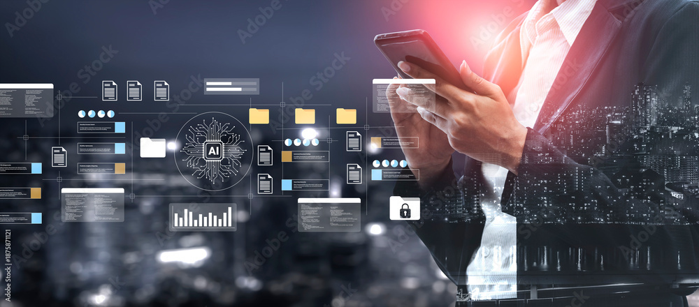 Obraz premium A business professional interacts with a smartphone, set against a city skyline, featuring a digital interface that highlights concepts of artificial intelligence and data processing. Gantry