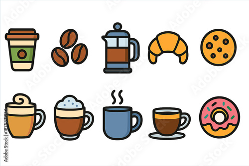 Coffee shop flat icon set. Cafe, espresso, breakfast, bakery items in flat style