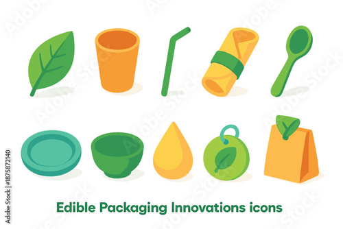 Edible packaging icon set. Sustainable, eco-friendly packaging in flat design