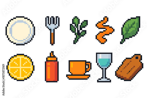 Food and kitchen pixel icon set. Culinary, cooking utensils pixel art collection