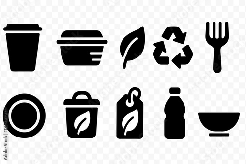 Eco-friendly, sustainable solid icon set. Recycling, biodegradable graphics collection