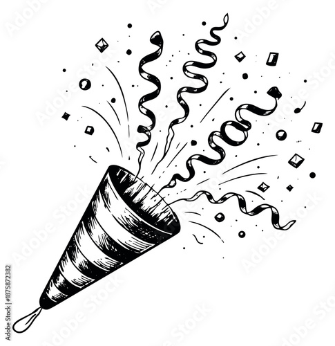 Hand drawn illustration of a party popper depicting a burst of confetti and streamers for celebration and festive events