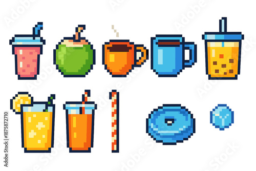 Pixel beverage icon set. Colorful, pixelated drinks in flat style.