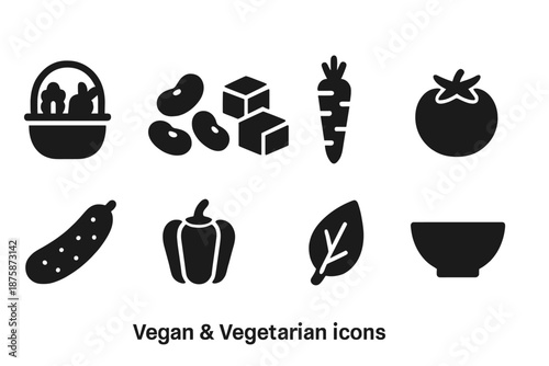 Vegan and vegetarian silhouette icon set: fresh produce and healthy food ideas