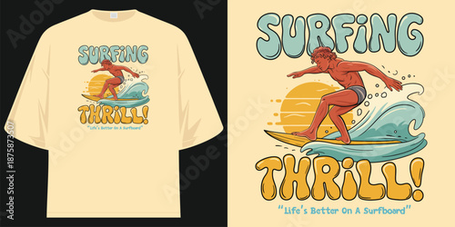 surfing thrill retro beach boy vintage cream oversized streetwear graphic tee t shirt design vector illustration artwork
