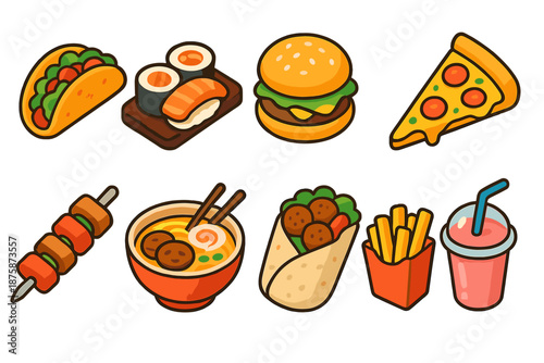 Food, beverage flat icon set. Fun, colorful icons for restaurant and cafe menus