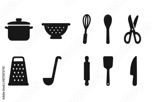 Kitchen utensils silhouette icon set. Cooking tools silhouette collection