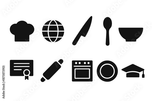 Culinary education solid icon set. Cooking and learning icons for chefs and students.