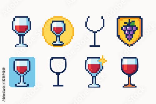 Wine-themed pixel art icon set. Glasses, grapes, outlined icons collection.