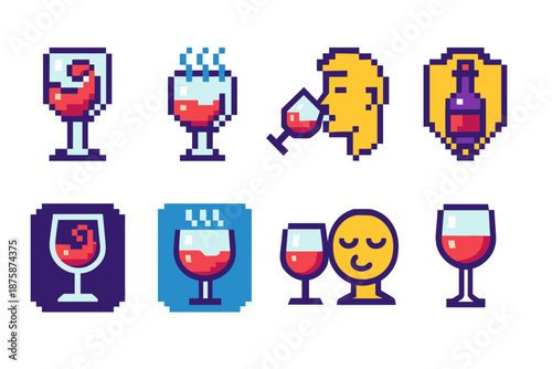 Wine tasting pixel art icon set. 8-Bit, wine, drink, pixelated, beverage icons collection