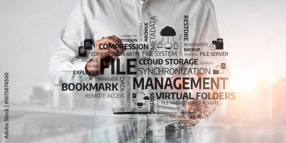 Obraz premium Explore modern solutions for file management with innovative technology concepts, promoting efficiency, data organization, cloud storage, and secure retrieval strategies. Tessel