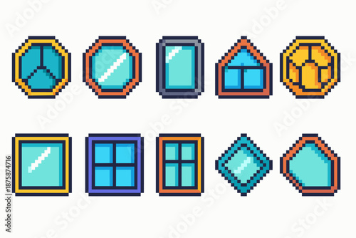 Window flat icon set. Pixel art window styles and shapes collection