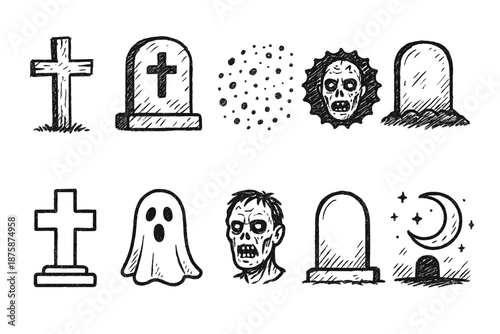 Halloween, graveyard spooky icon set. Ghost, tombstone, crosses line collection