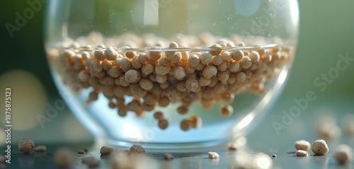 Macro shot shows small seeds soaking in clear water inside glass vessel. Tiny pellets suspended, some falling out, suggesting plant growth, organic food, or herbal medicine.