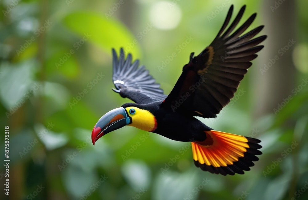 Fototapeta premium Colorful toucan flies through rich green jungle. Bird has large beak with blue and red accents. Black body contrasts with bright yellow chest and orange tail feathers. Wings are spread wide in flight.