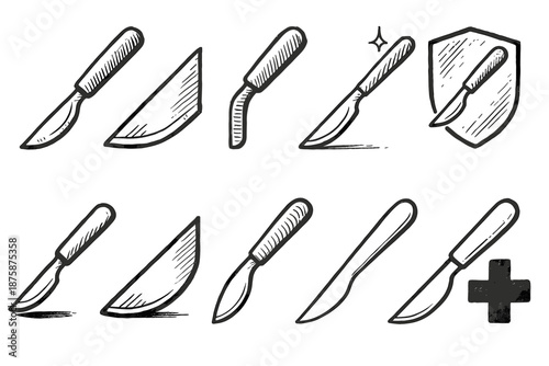 Kitchen tools linear icon set. Cooking, culinary knives outline icon collection