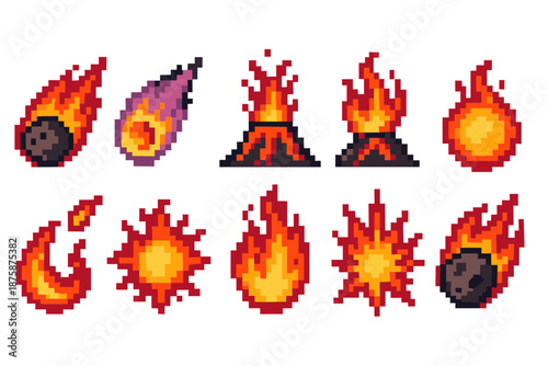 Fire icon set in pixel art style. Flames, fireballs, explosions in retro game design